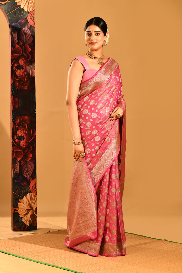 Blush Pink With Glod Zari Floral Butti In Banarasi Silk Saree