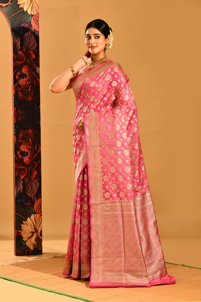 Blush Pink With Glod Zari Floral Butti In Banarasi Silk Saree