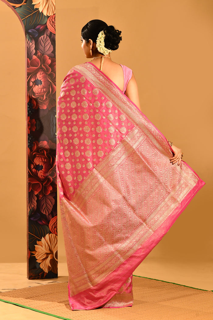 Blush Pink With Glod Zari Floral Butti In Banarasi Silk Saree