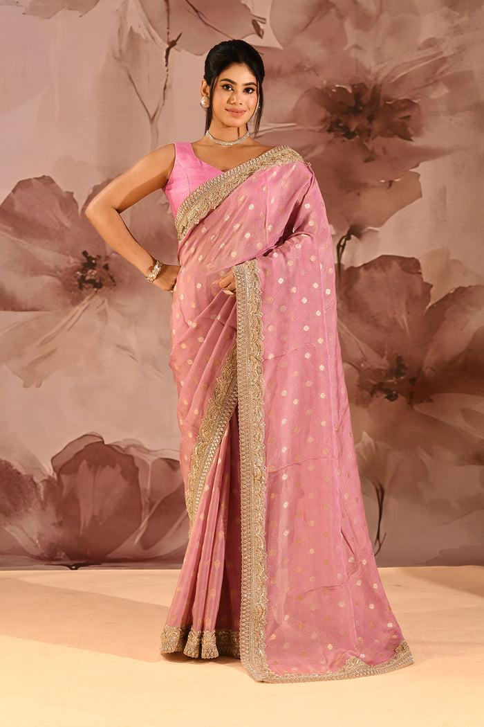 Blush Pink With Gold Zari Butti Embroidery Tissue Saree