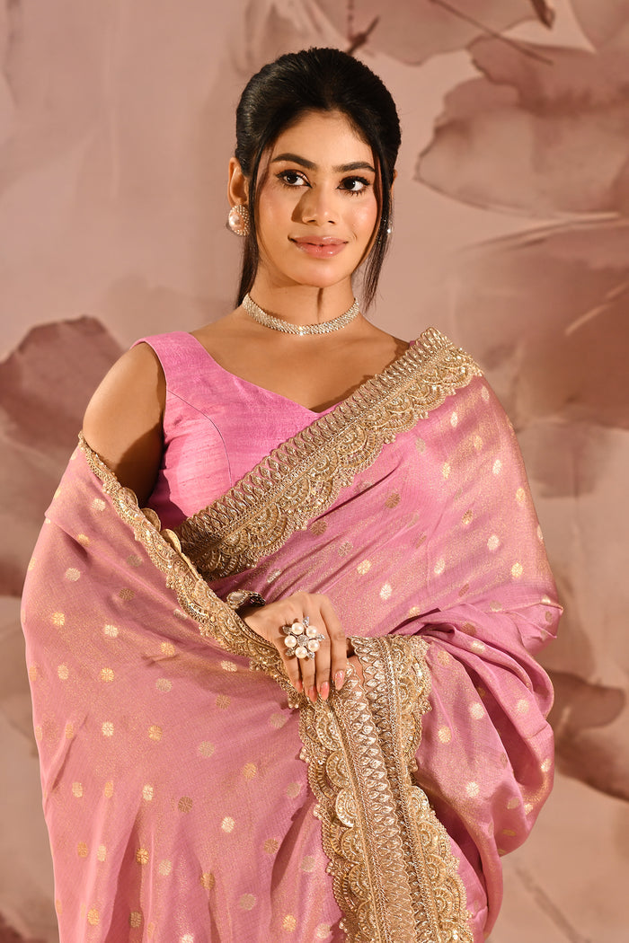 Blush Pink With Gold Zari Butti Embroidery Tissue Saree