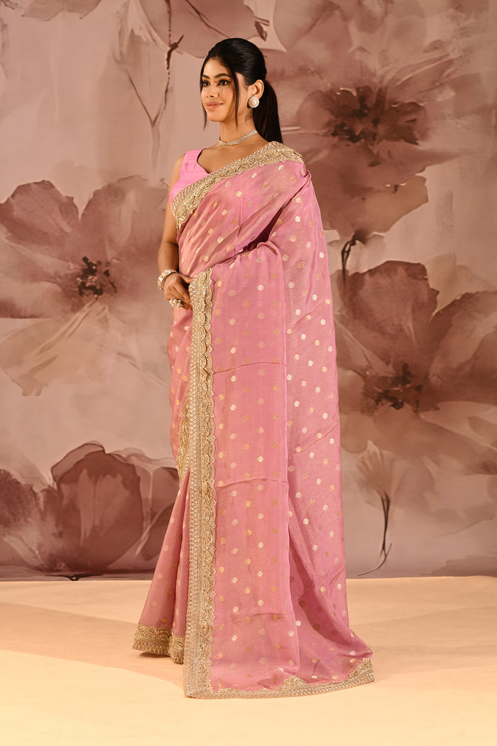Blush Pink With Gold Zari Butti Embroidery Tissue Saree