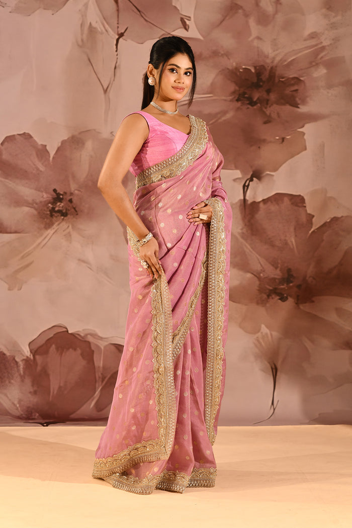 Blush Pink With Gold Zari Butti Embroidery Tissue Saree
