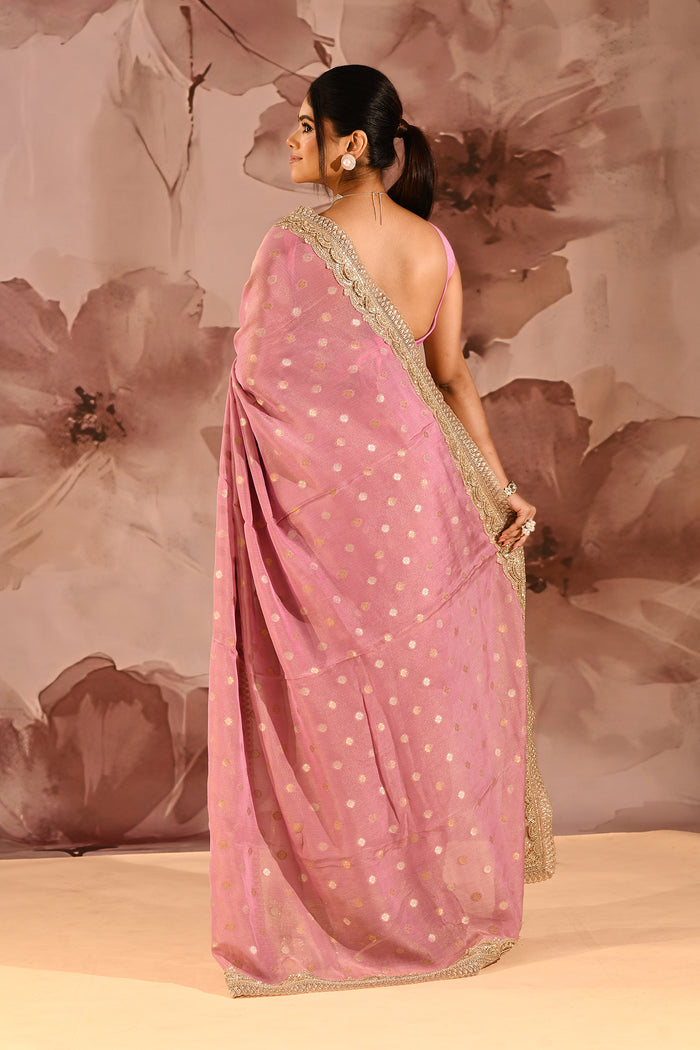 Blush Pink With Gold Zari Butti Embroidery Tissue Saree