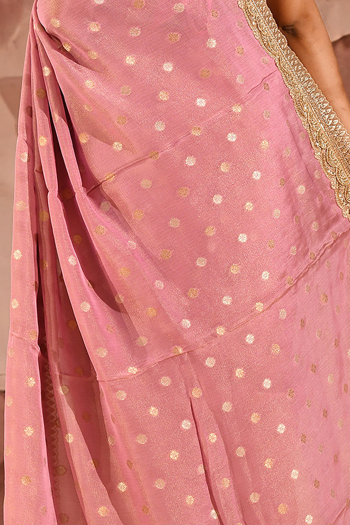 Blush Pink With Gold Zari Butti Embroidery Tissue Saree