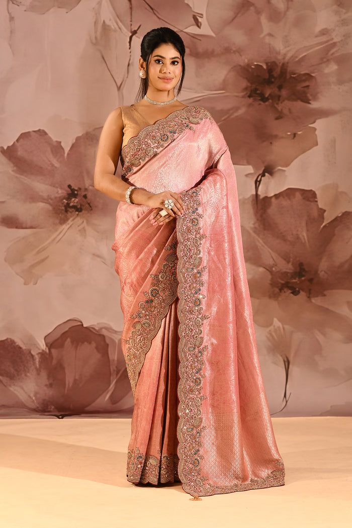 Blush Pink With Ornate Stone Embellished Scallop Border Designer Tissue Saree
