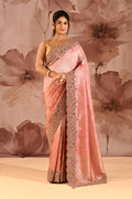 Blush Pink With Ornate Stone Embellished Scallop Border Designer Tissue Saree