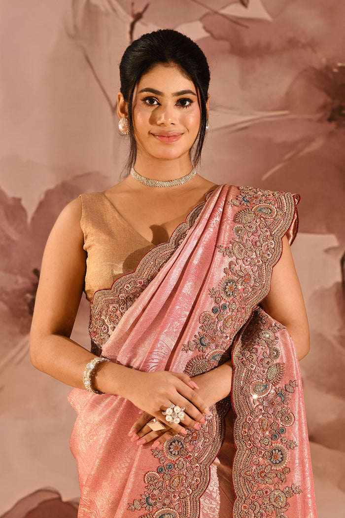 Blush Pink With Ornate Stone Embellished Scallop Border Designer Tissue Saree