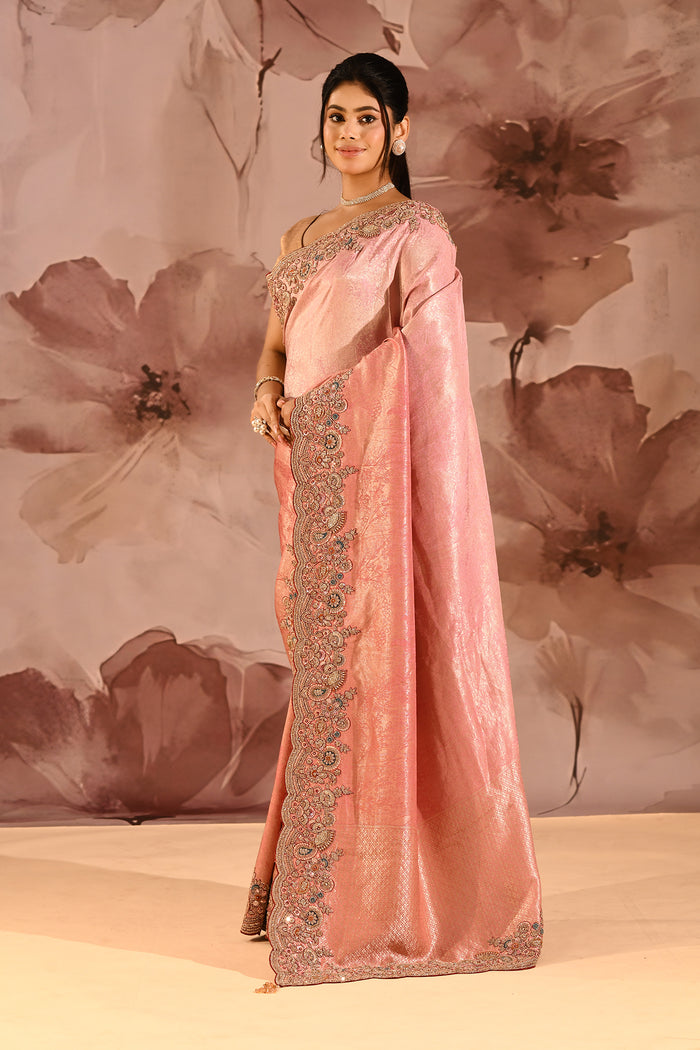 Blush Pink With Ornate Stone Embellished Scallop Border Designer Tissue Saree