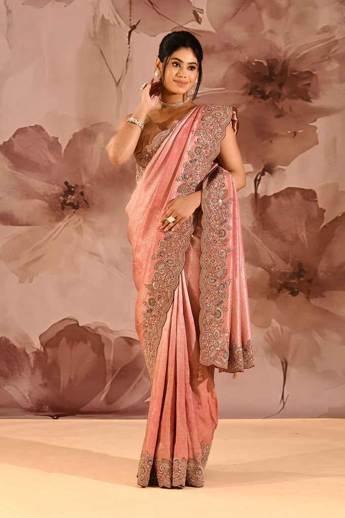 Blush Pink With Ornate Stone Embellished Scallop Border Designer Tissue Saree