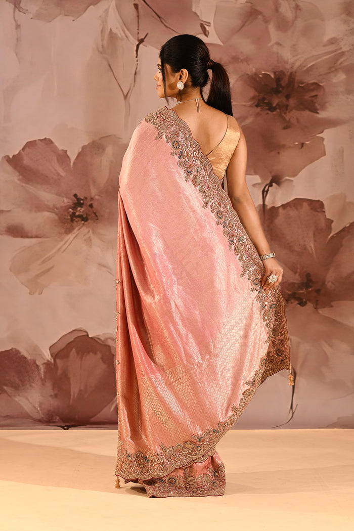 Blush Pink With Ornate Stone Embellished Scallop Border Designer Tissue Saree