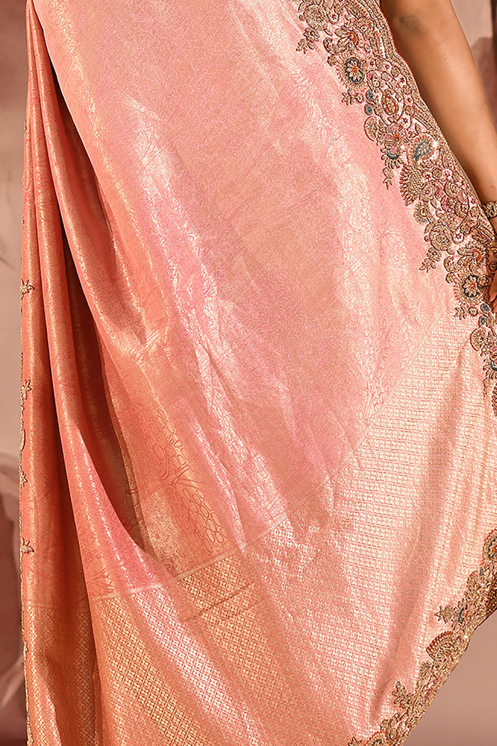 Blush Pink With Ornate Stone Embellished Scallop Border Designer Tissue Saree