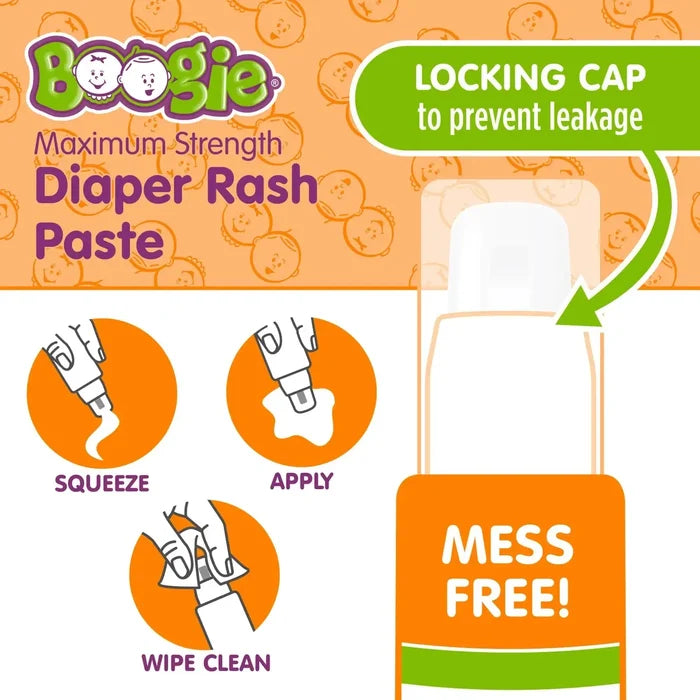 Boogie Maximum Strength Diaper Rash Paste packaging and application graphic on a white background with orange accents. The image shows the bottle, a green callout for the locking cap, three circular application steps labeled squeeze, apply, and wipe clean, and the text 'MESS FREE!'.