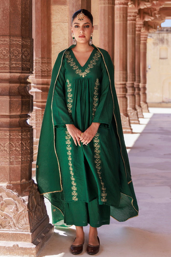 Bottle Green Chanderi Kurta Set
