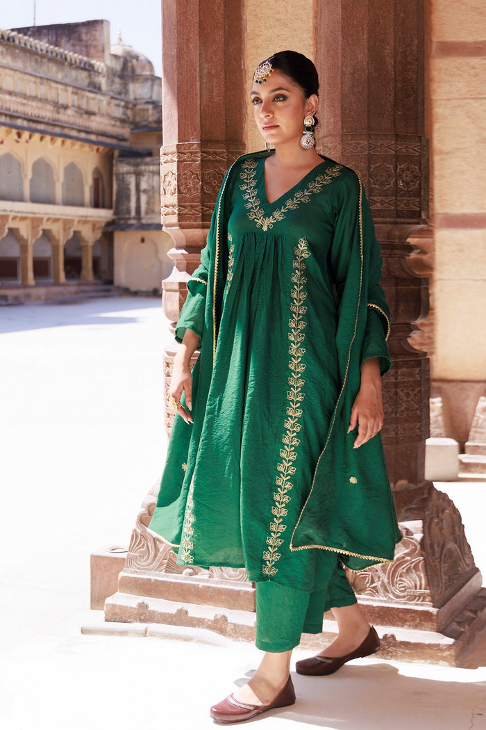 Bottle Green Chanderi Kurta Set