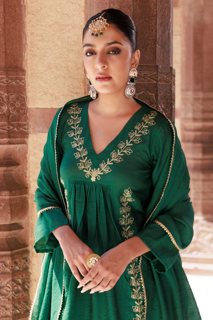 Bottle Green Chanderi Kurta Set