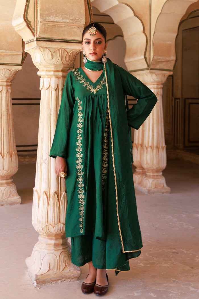 Bottle Green Chanderi Kurta Set