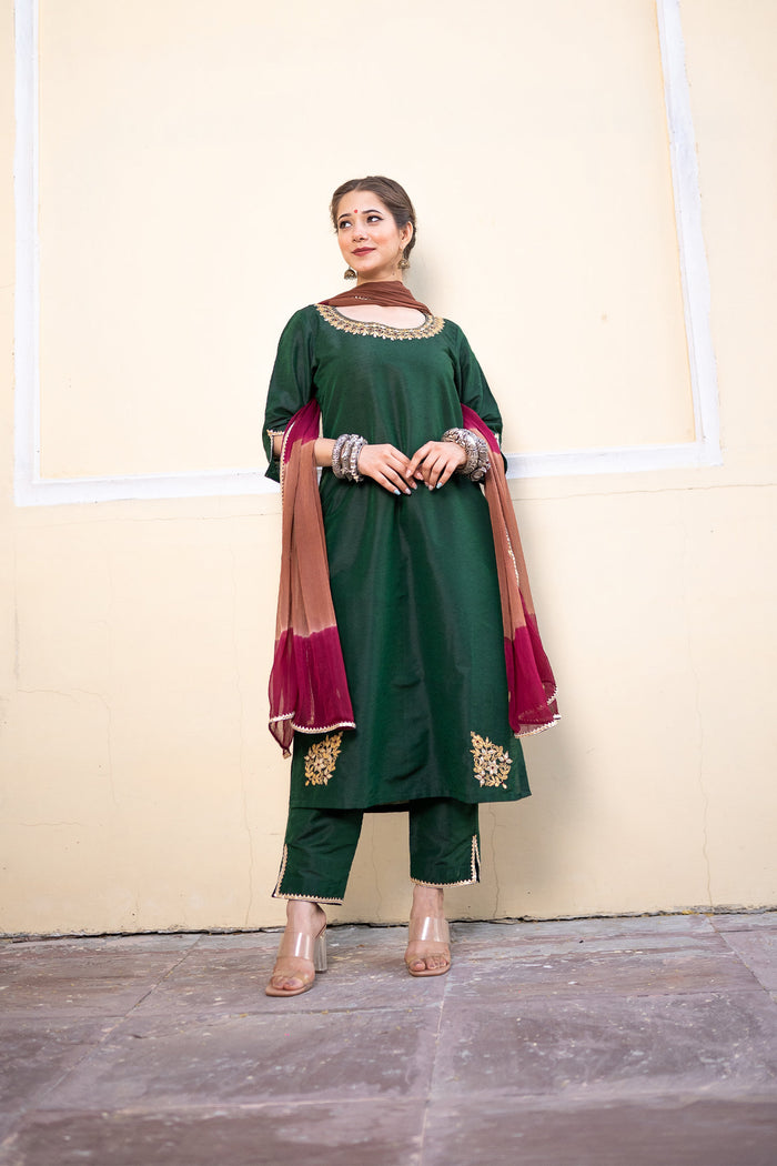 <img> Bottle Green Cotton Silk Gota Patti Suit Set