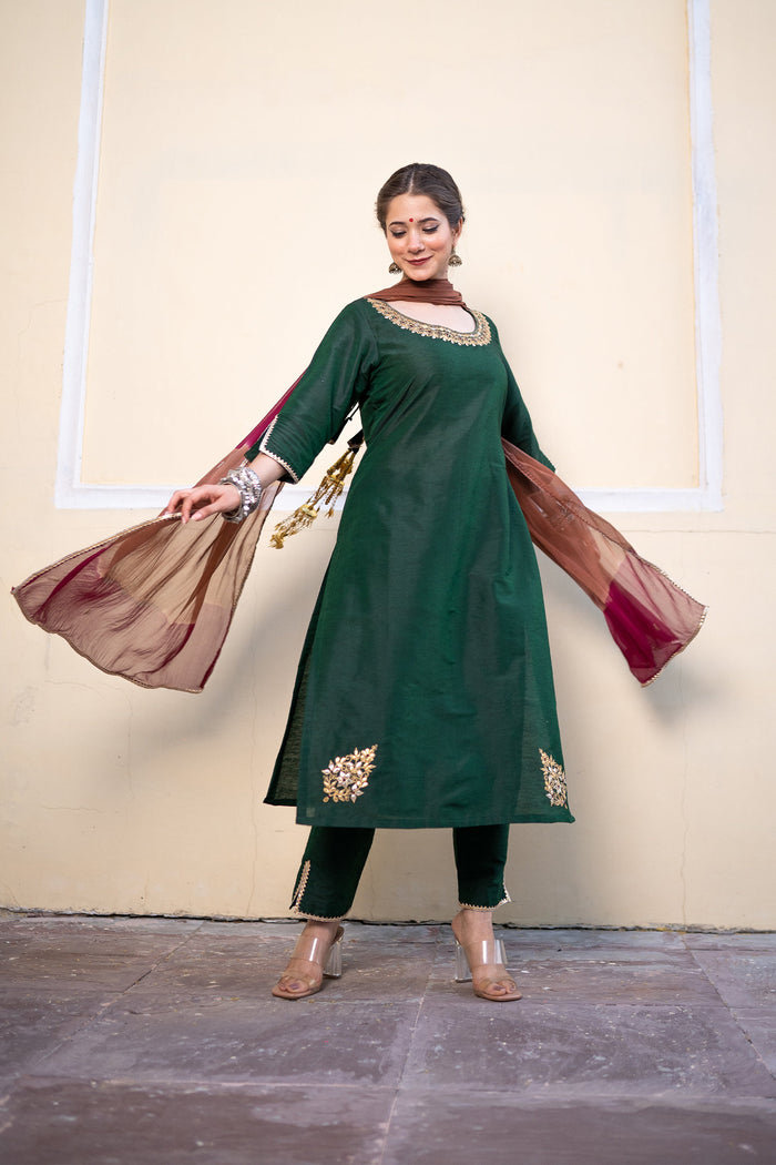 <img> Bottle Green Cotton Silk Gota Patti Suit Set