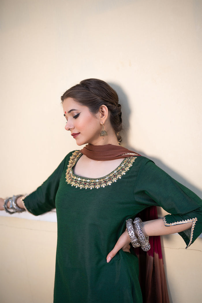 <img> Bottle Green Cotton Silk Gota Patti Suit Set