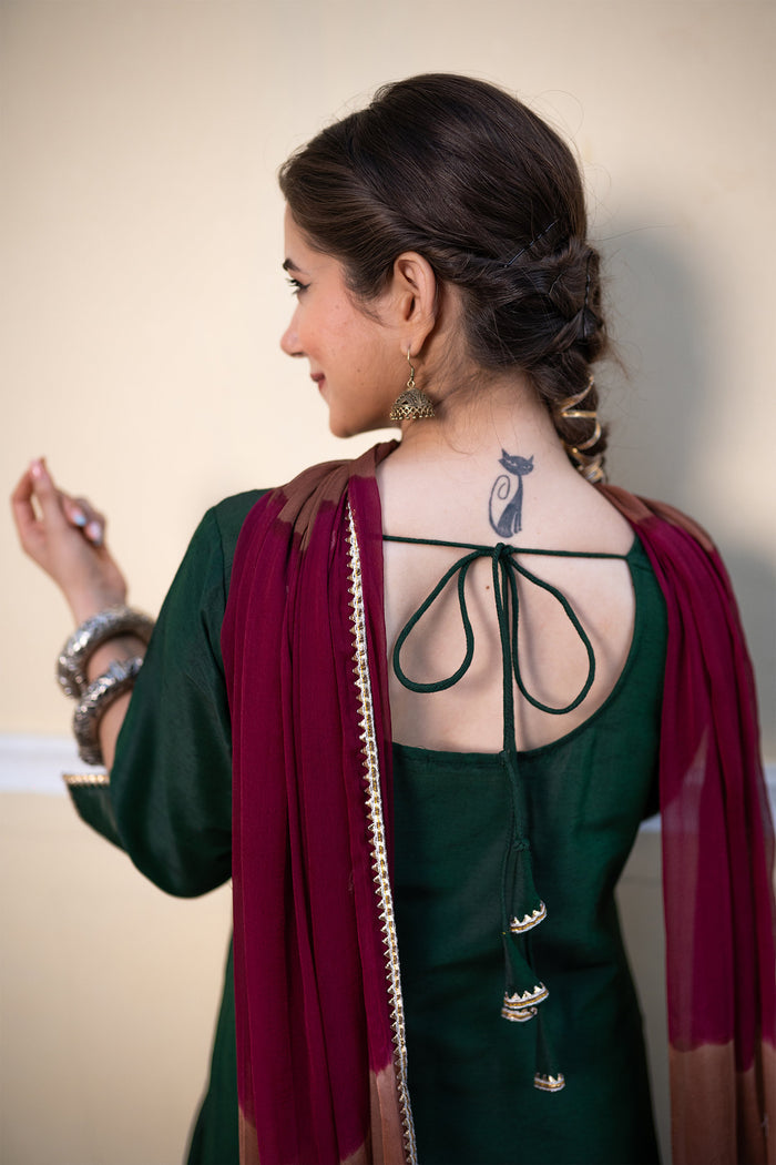 <img> Bottle Green Cotton Silk Gota Patti Suit Set