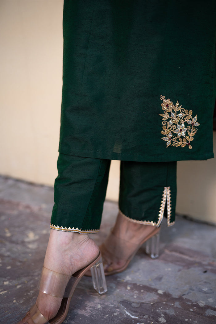 <img> Bottle Green Cotton Silk Gota Patti Suit Set