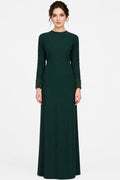 Bottle Green Crepe Column Gown With Beaded Neckline And Cuffs