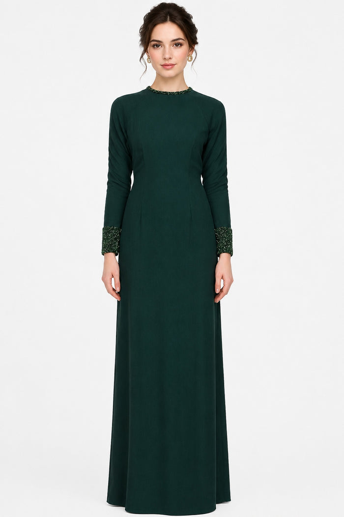 Bottle Green Crepe Column Gown With Beaded Neckline And Cuffs
