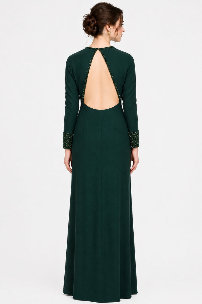 Bottle Green Crepe Column Gown With Beaded Neckline And Cuffs