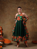 Bottle Green Floral Printed Georgette Halter Anarkali Set