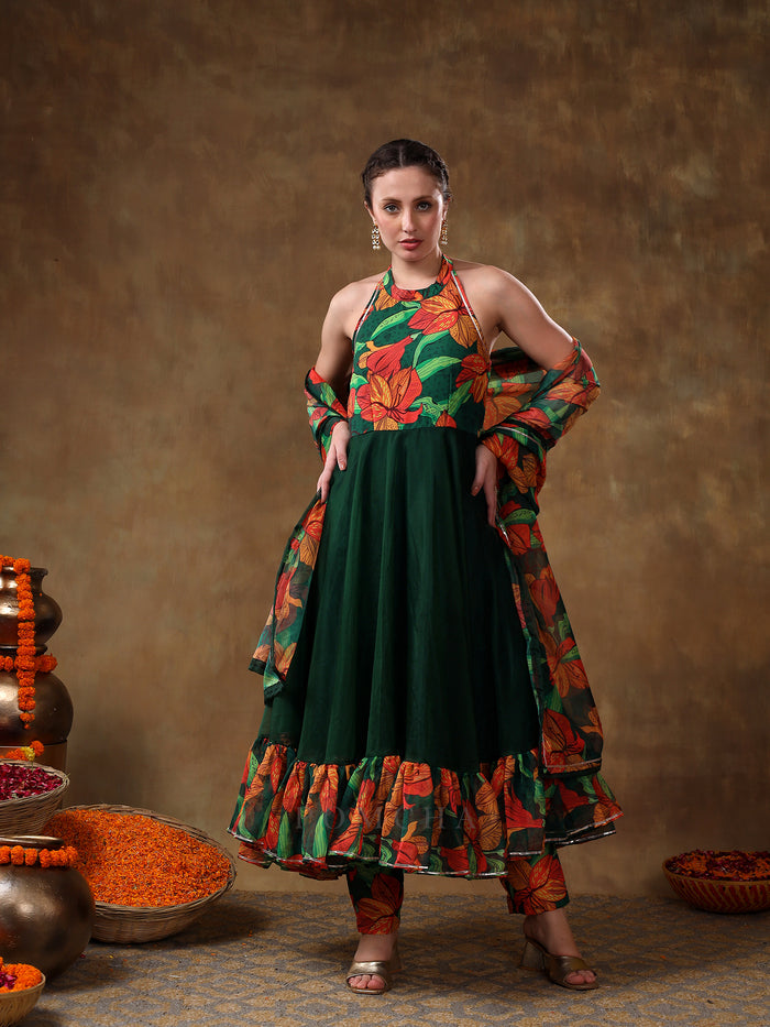 Bottle Green Floral Printed Georgette Halter Anarkali Set