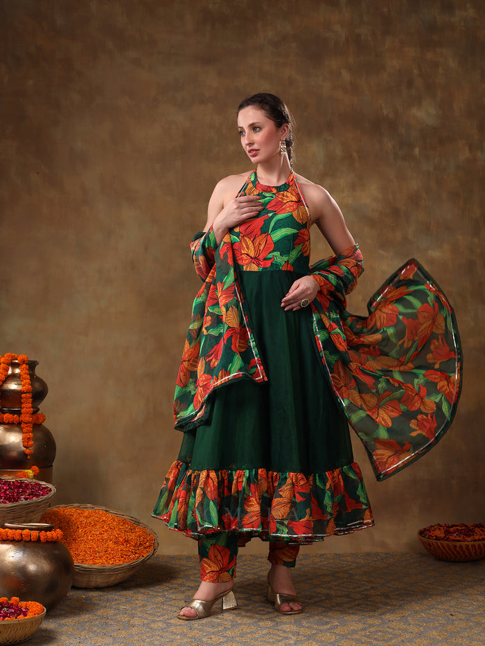 Bottle Green Floral Printed Georgette Halter Anarkali Set