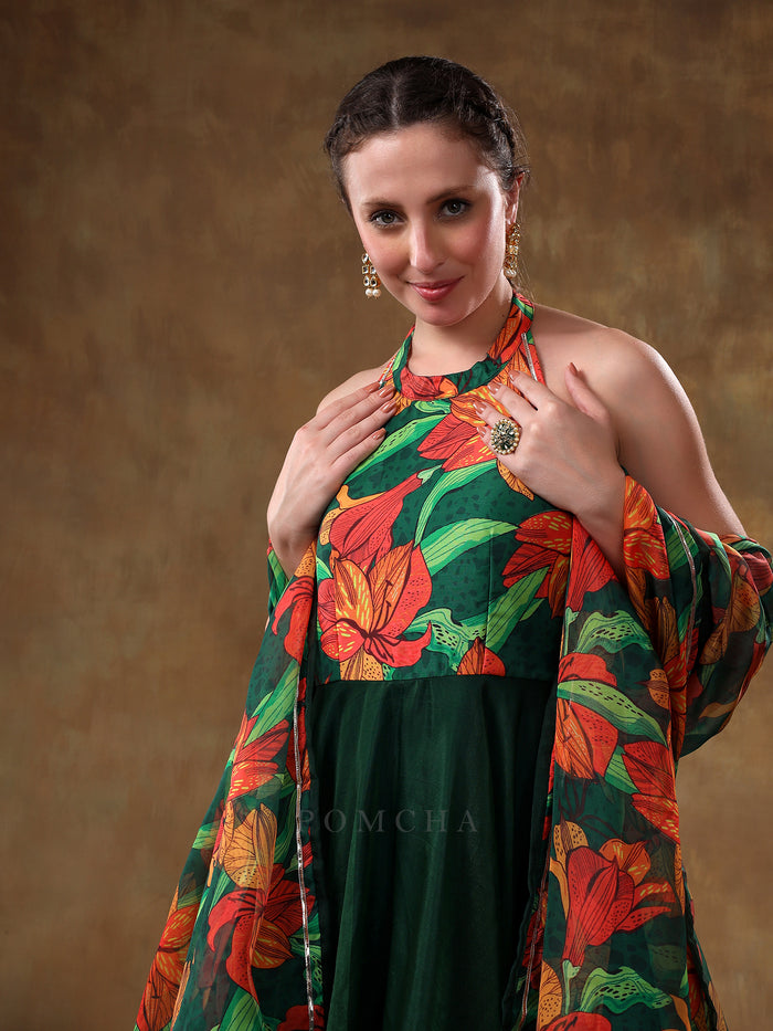 Bottle Green Floral Printed Georgette Halter Anarkali Set