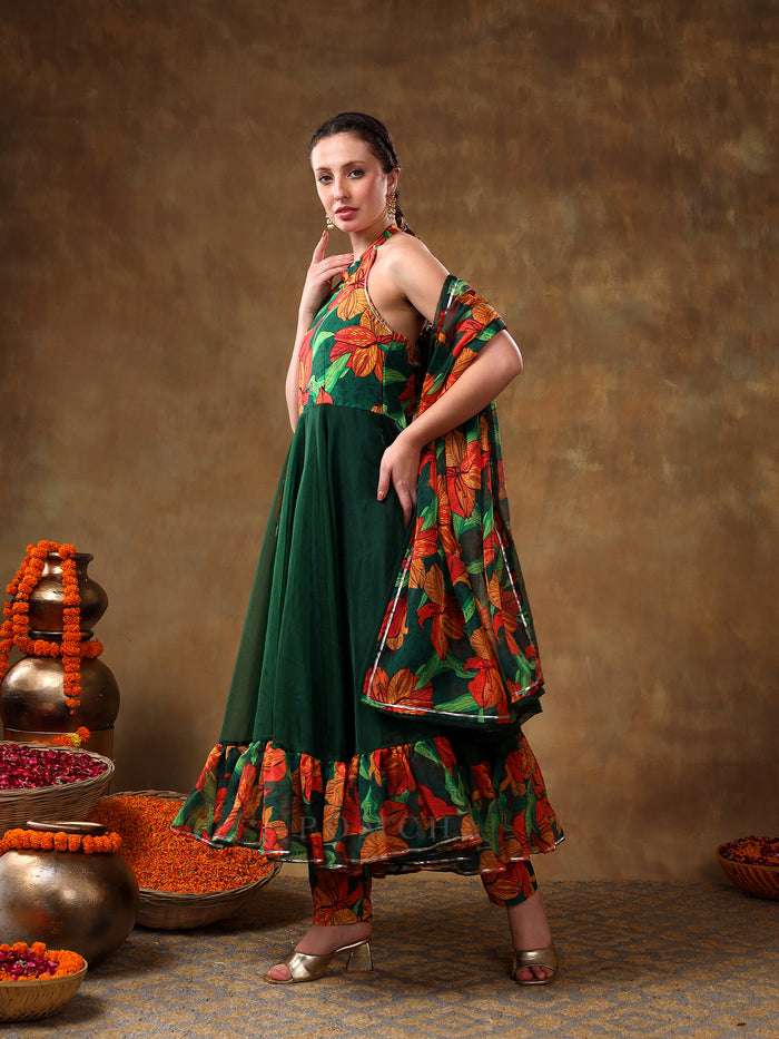 Bottle Green Floral Printed Georgette Halter Anarkali Set