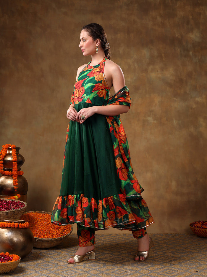 Bottle Green Floral Printed Georgette Halter Anarkali Set