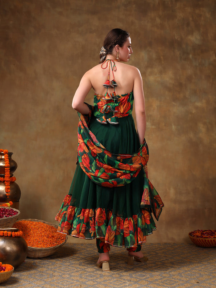 Bottle Green Floral Printed Georgette Halter Anarkali Set