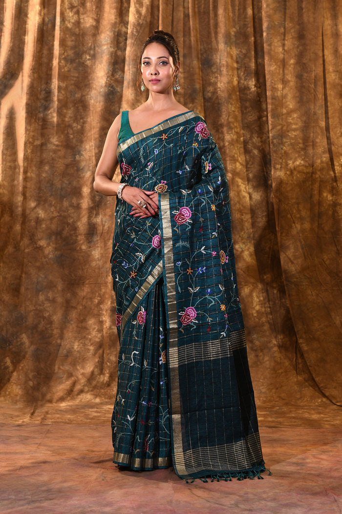 Bottle Green Floral Silk Blend Saree