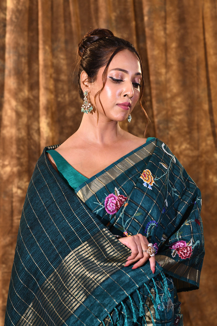 Bottle Green Floral Silk Blend Saree