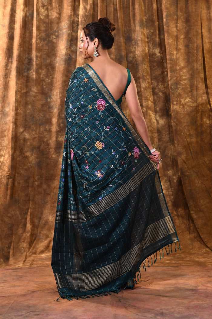 Bottle Green Floral Silk Blend Saree