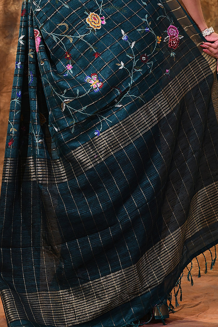 Bottle Green Floral Silk Blend Saree