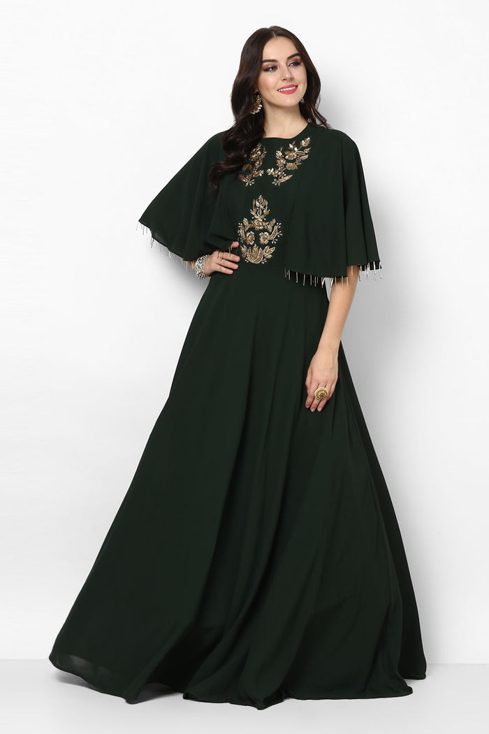 Bottle Green Georgette Gown With Cape Sleeves And Sheer Back
