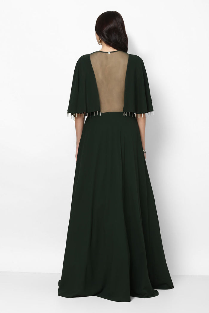 Bottle Green Georgette Gown With Cape Sleeves And Sheer Back