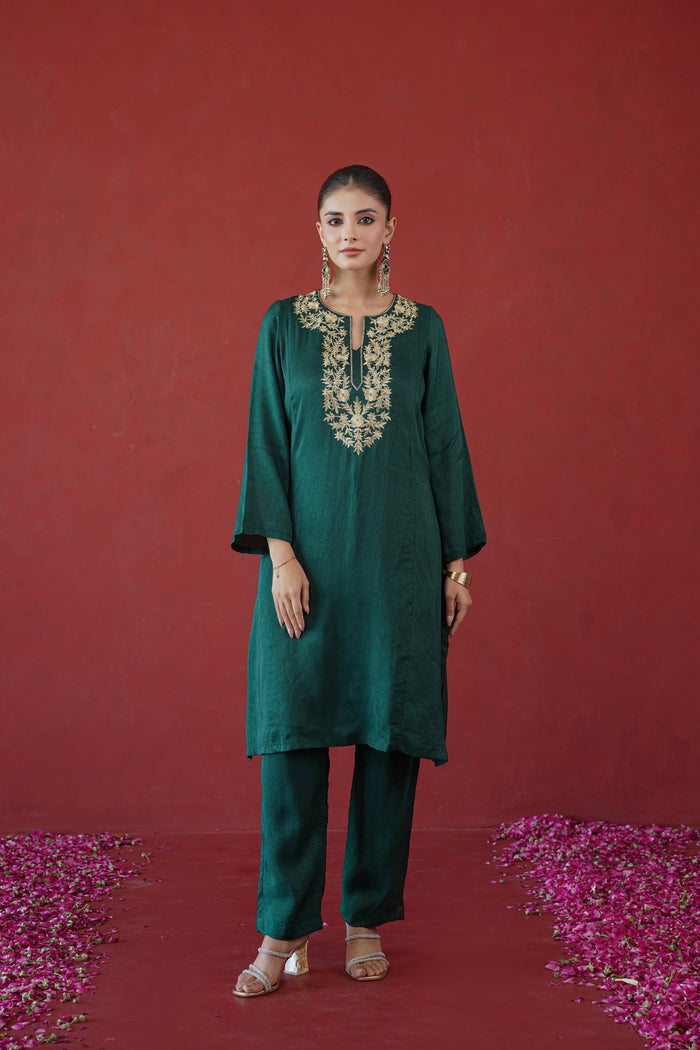 Bottle Green Gold Embroidered Kurti