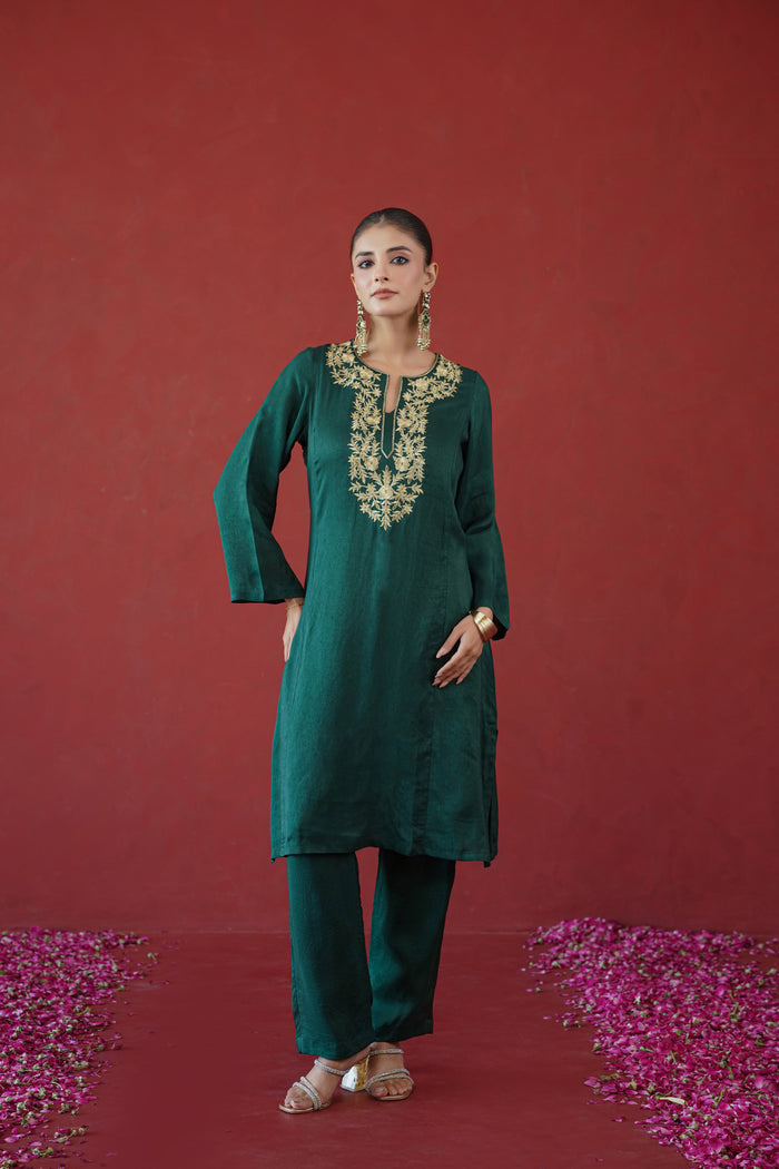 Bottle Green Gold Embroidered Kurti