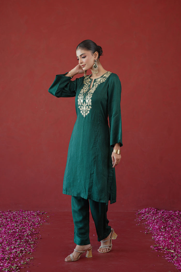 Bottle Green Gold Embroidered Kurti