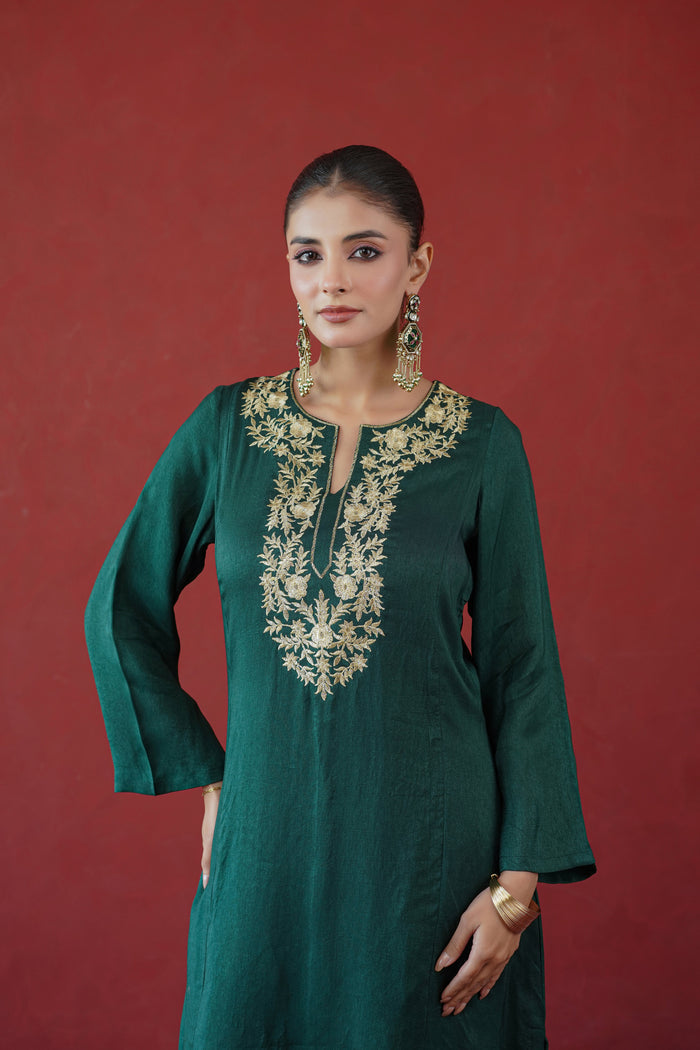 Bottle Green Gold Embroidered Kurti