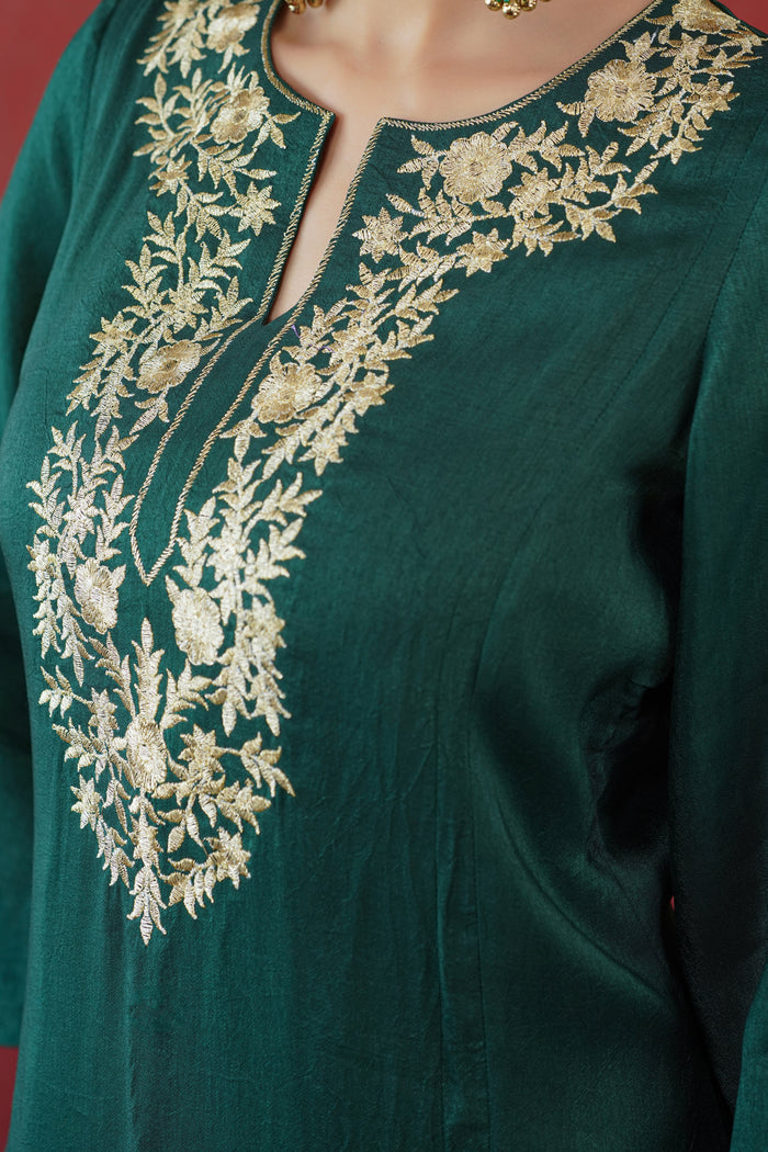 Bottle Green Gold Embroidered Kurti