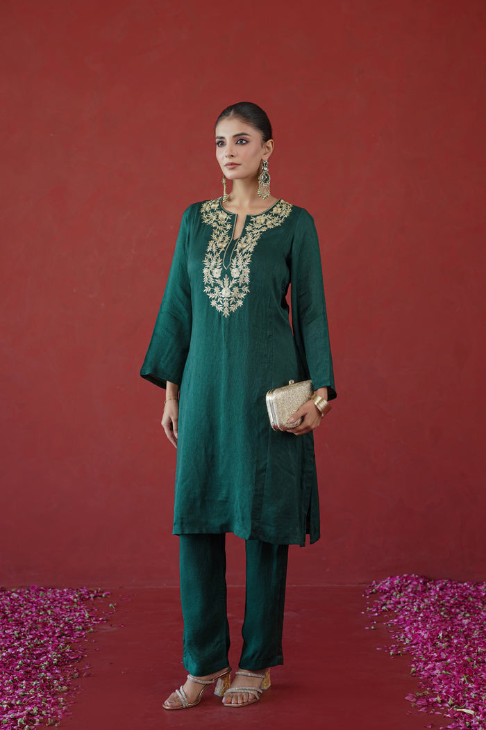 Bottle Green Gold Embroidered Kurti