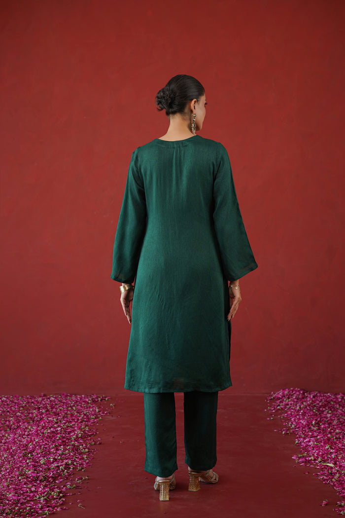 Bottle Green Gold Embroidered Kurti