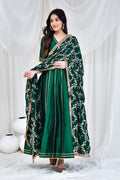 <img> Bottle Green Silk Anarkali Set With Embroidered Dupatta